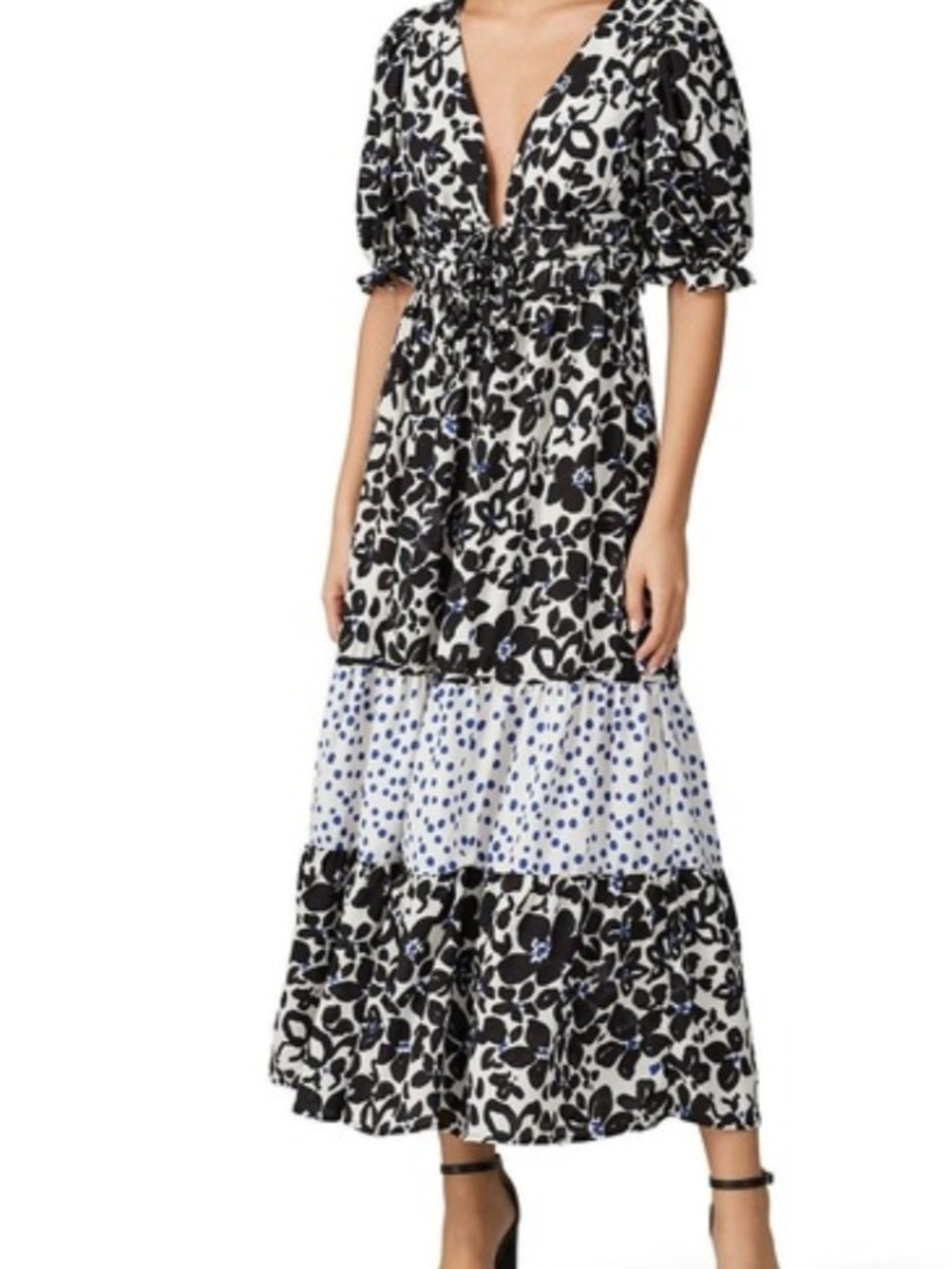 Love, Whit Black & White Floral Tiered V-Neck Maxi Dress